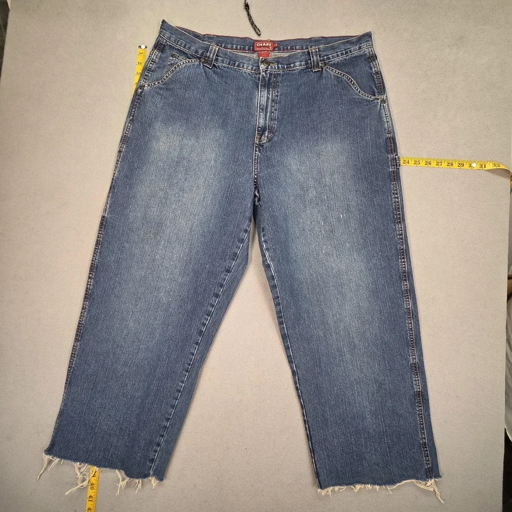 Chaps Denim Jeans Mens 40x27‎ Blue Carpenter Relaxed Straight Raw Hem Distressed